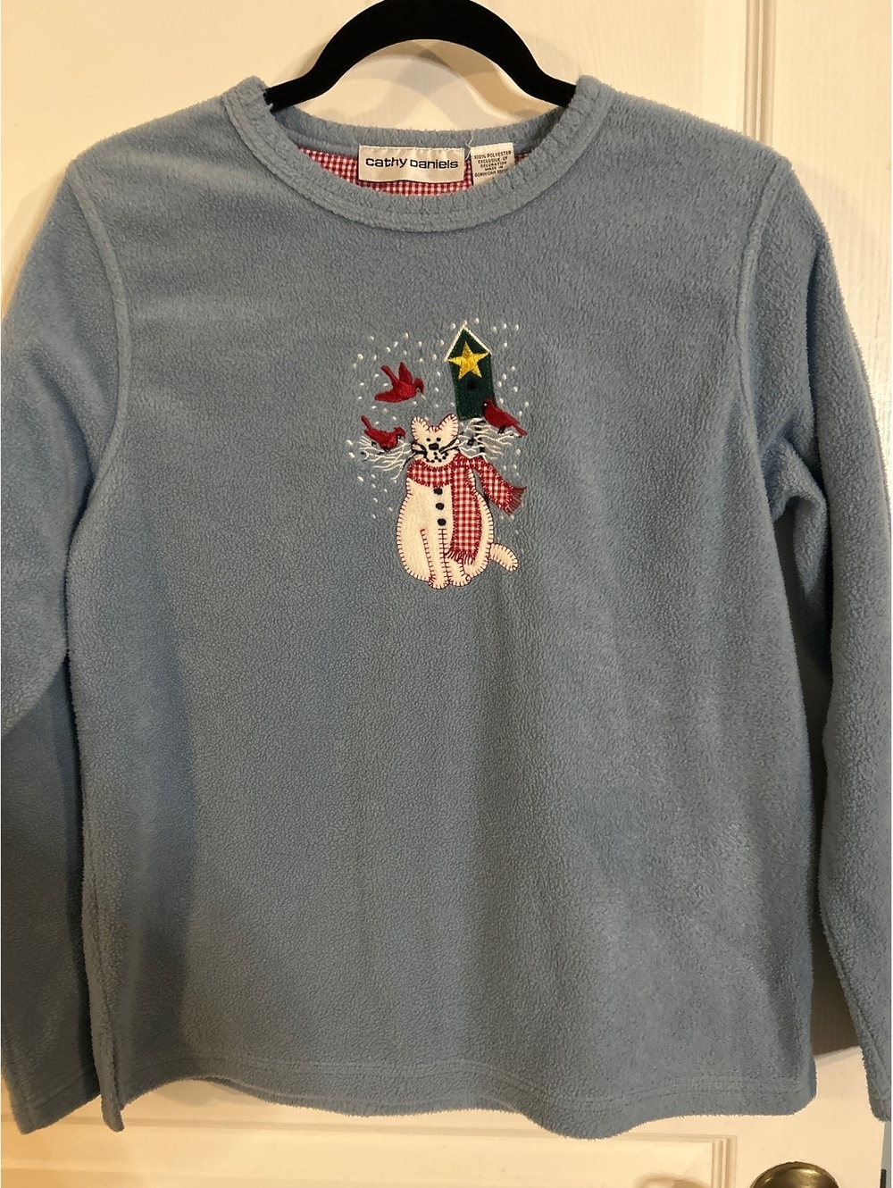 Cathy Daniels Light Blue Fleece Pullover with Cat and Bird Embroidery, Size M